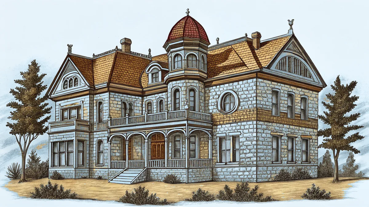 A Victorian house perches on Mount Helena with gold panning tools nearby.