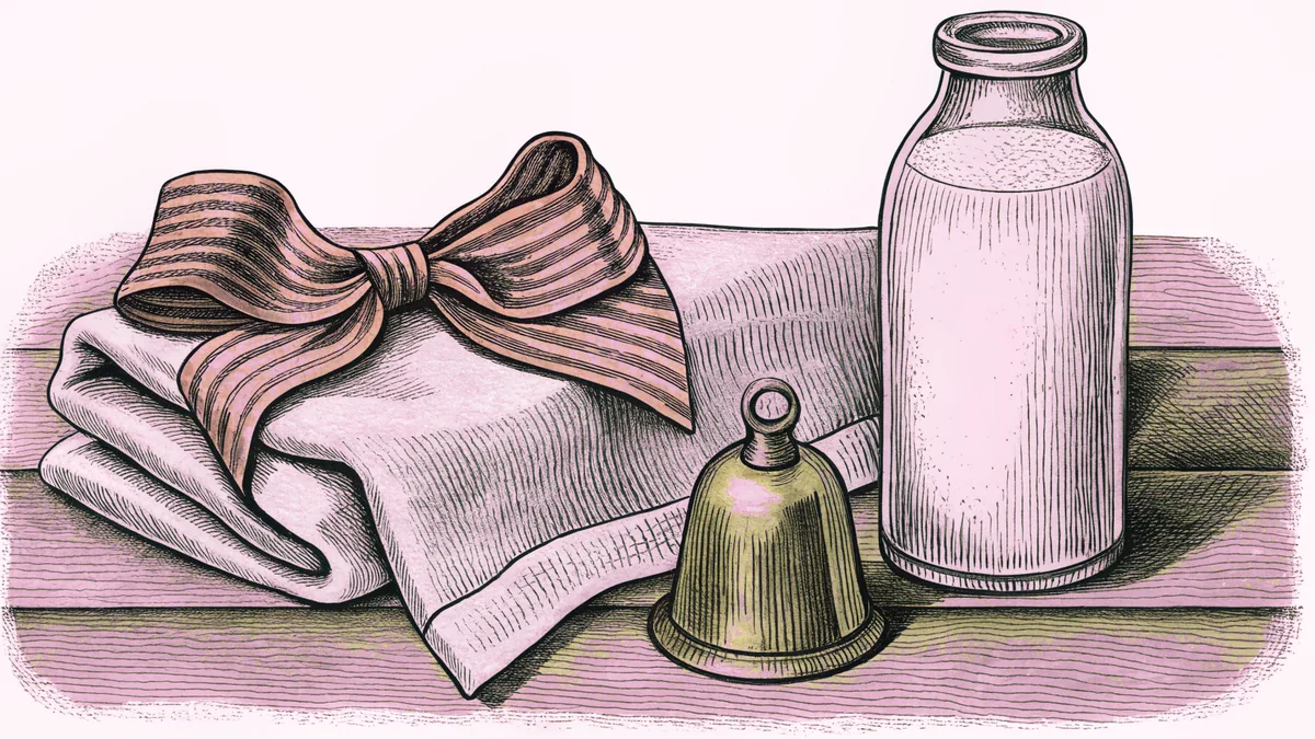 A red hair bow sits beside a small brass bell and a glass milk bottle on a pink cloth.