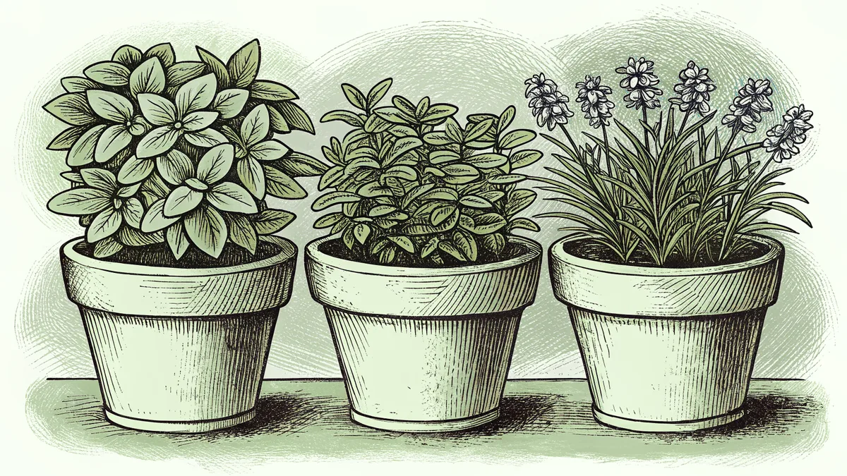 Aromatic herb plants in terra-cotta pots on a sunny windowsill ready to harvest.