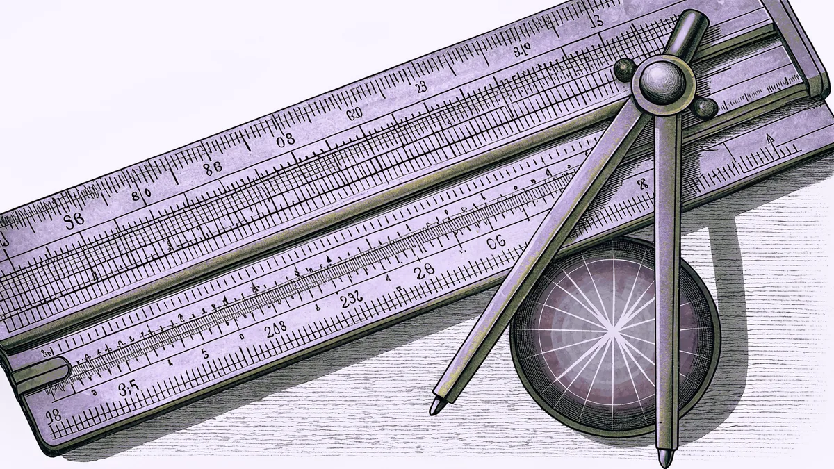 A slide rule and drafting compass rest beside a space capsule tracing a glowing orbital arc.