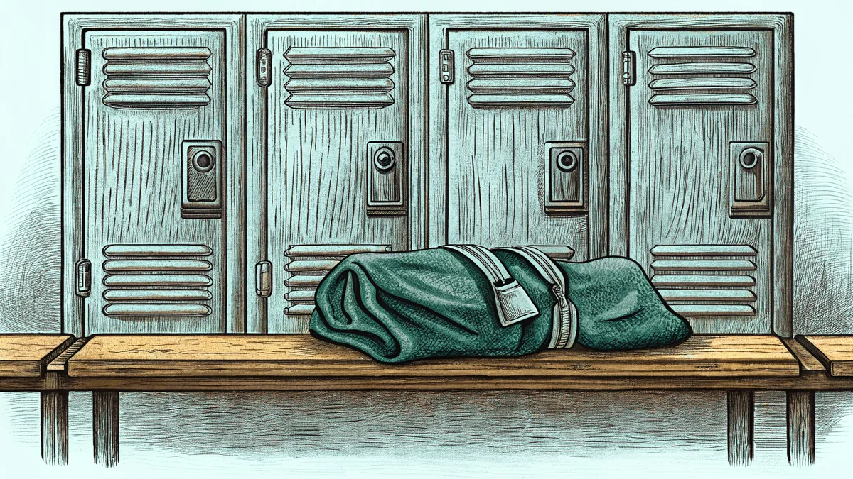 A row of lockers with dial hardware, beside a drawstring gym bag on a wooden bench.