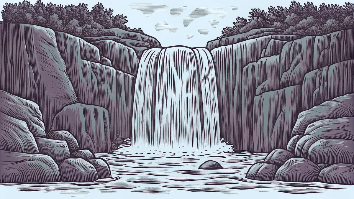 A majestic waterfall thundering down steep rocky cliffs into a misty basin.