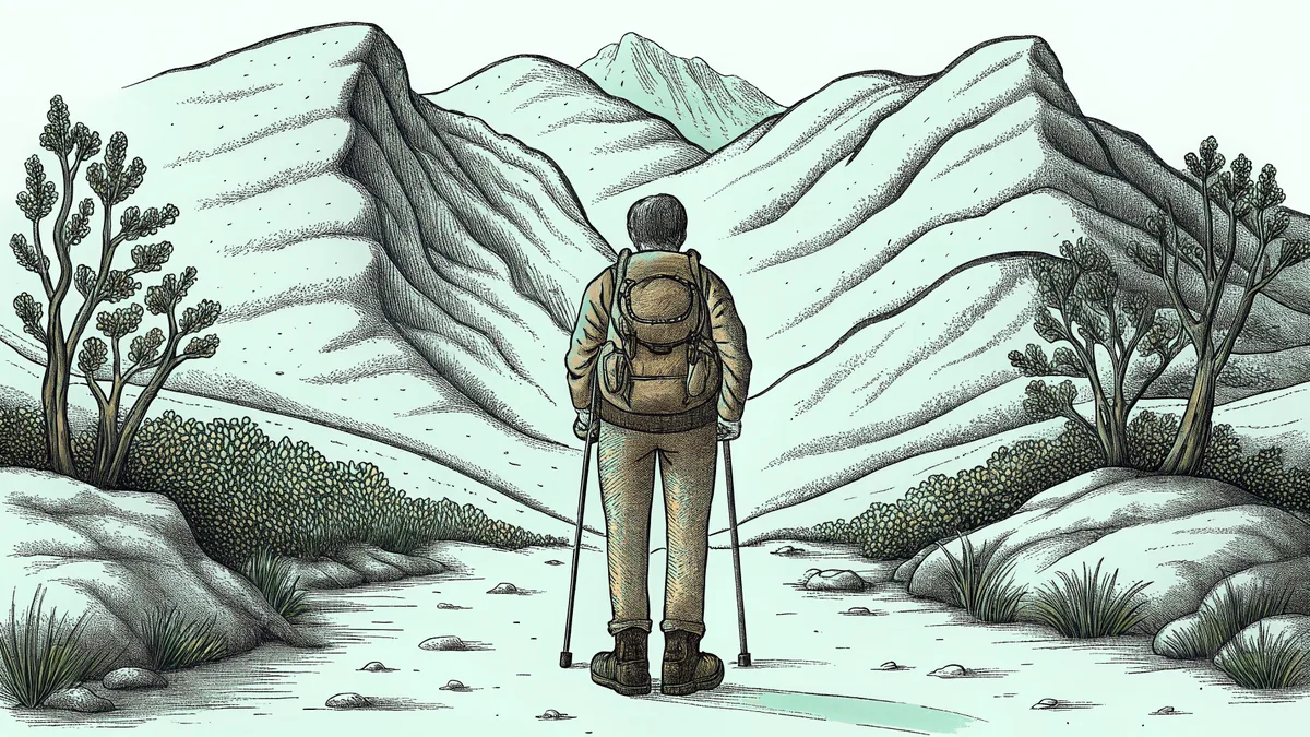 A hiker on a mountain trail with distant peaks and valleys visible behind.