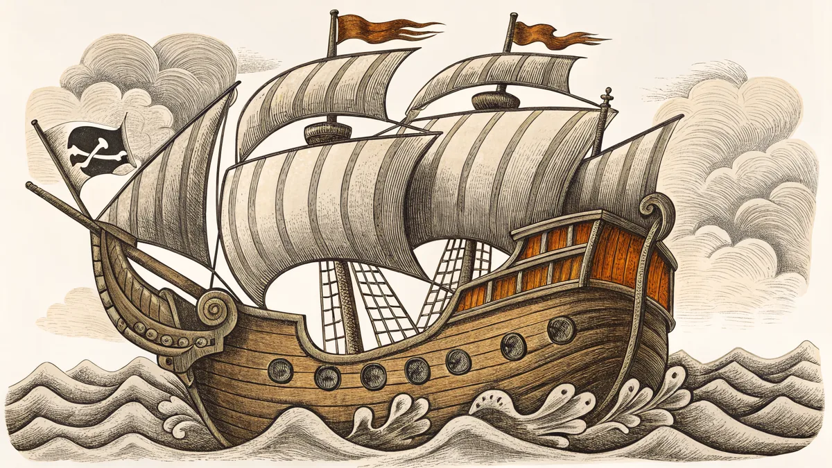 A sailing ship with a pirate flag battling through choppy ocean waters.