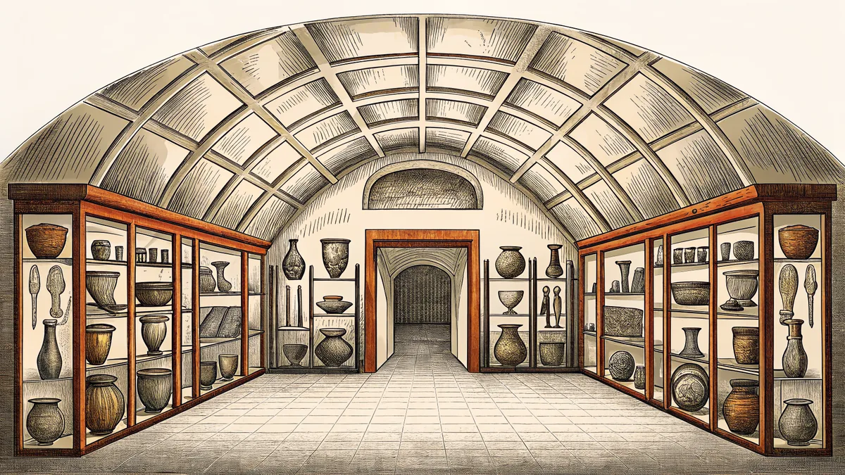 Clay vessels and bronze tools rest in glass cases under warm lamplight in an archive room.