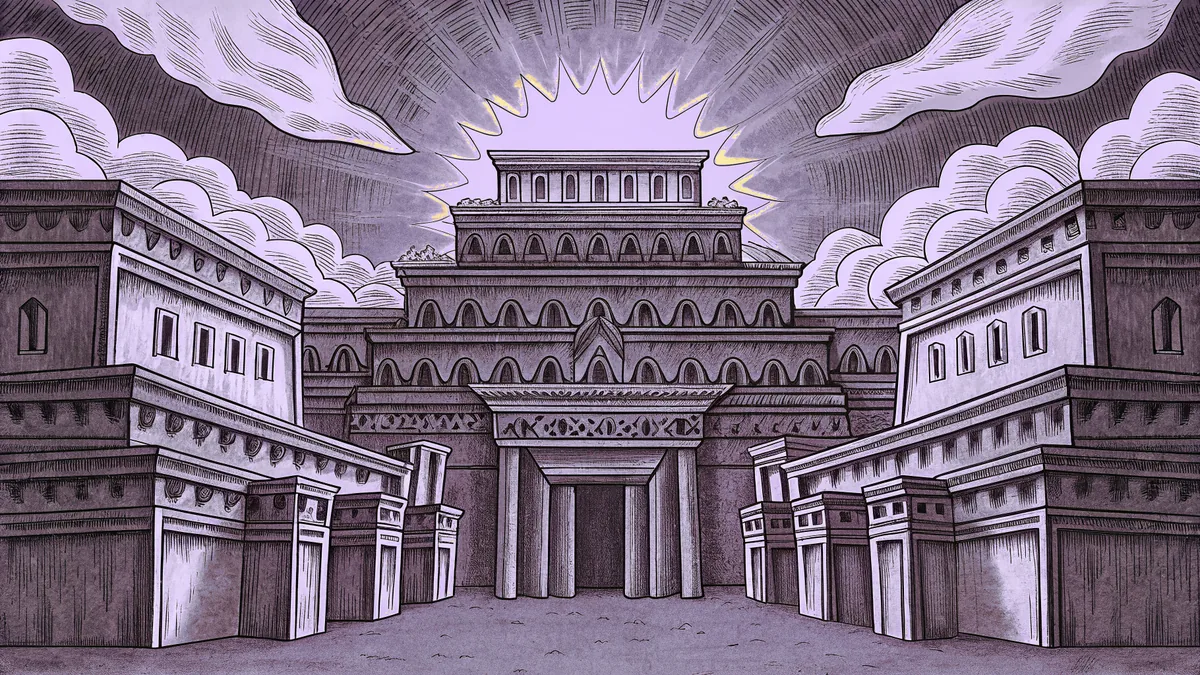 Ancient stone temples stand beneath a golden sunrise on a rocky plateau.