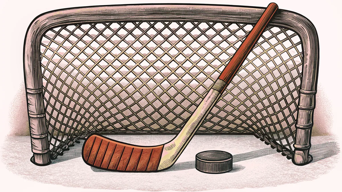A hockey stick holds a black puck on clear ice beside a white goalie net.