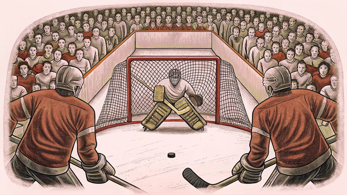 A hockey rink with goalie and players in fast-paced action.
