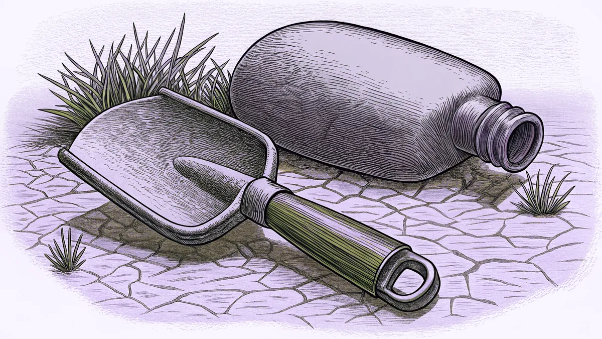 A digging shovel with a long handle lying beside a capped jug on cracked dry earth.