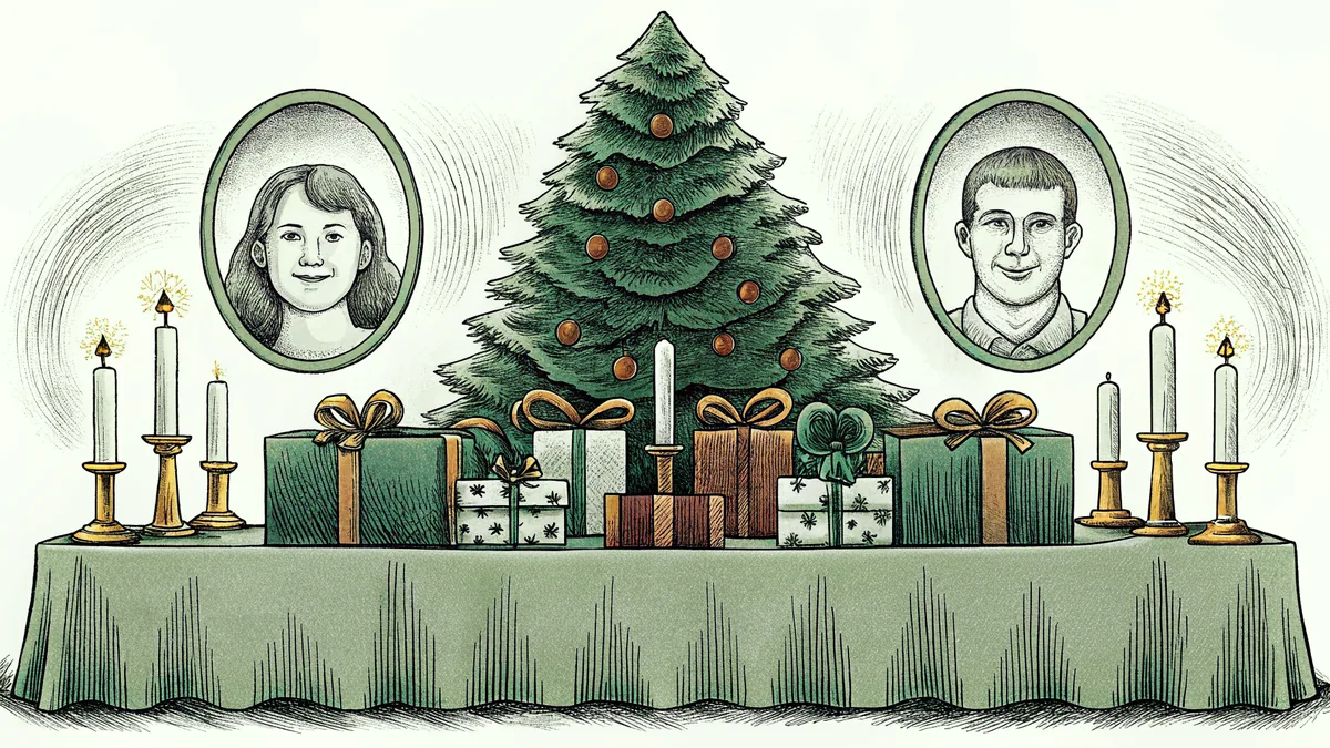 A holiday gathering scene with food, candles, gifts, and family.
