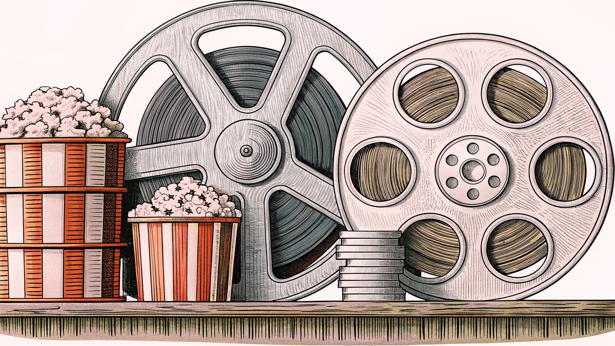 A cinema projector sits on a shelf surrounded by classic film reels and vintage popcorn boxes.