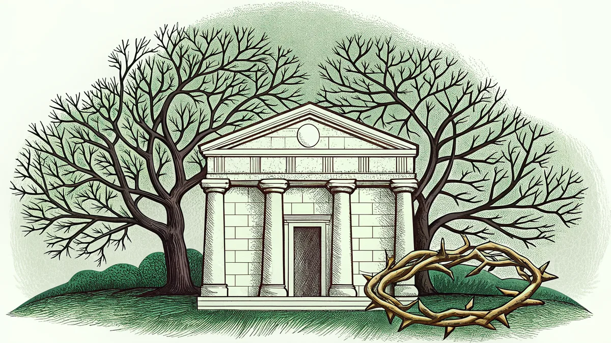 A crown of thorns and fig tree symbolize Holy Monday's biblical themes.