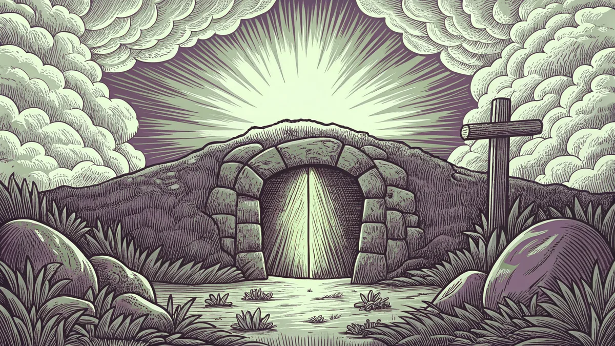 Radiant light pours from an empty tomb as darkness gives way to Easter dawn.