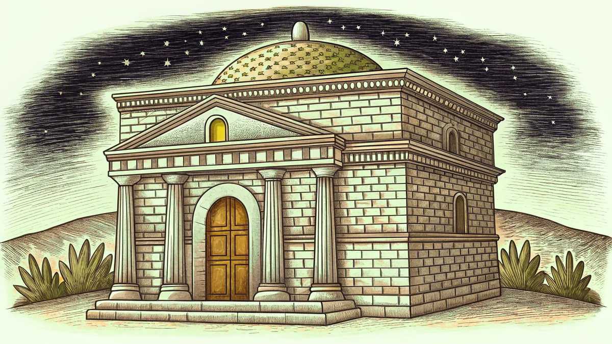 Candlelit illumination spills from an ancient stone tomb under night stars.