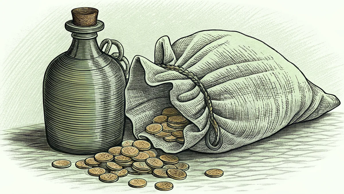 Spilled coins and an oil vessel glow with candles, symbolizing betrayal and anointing.