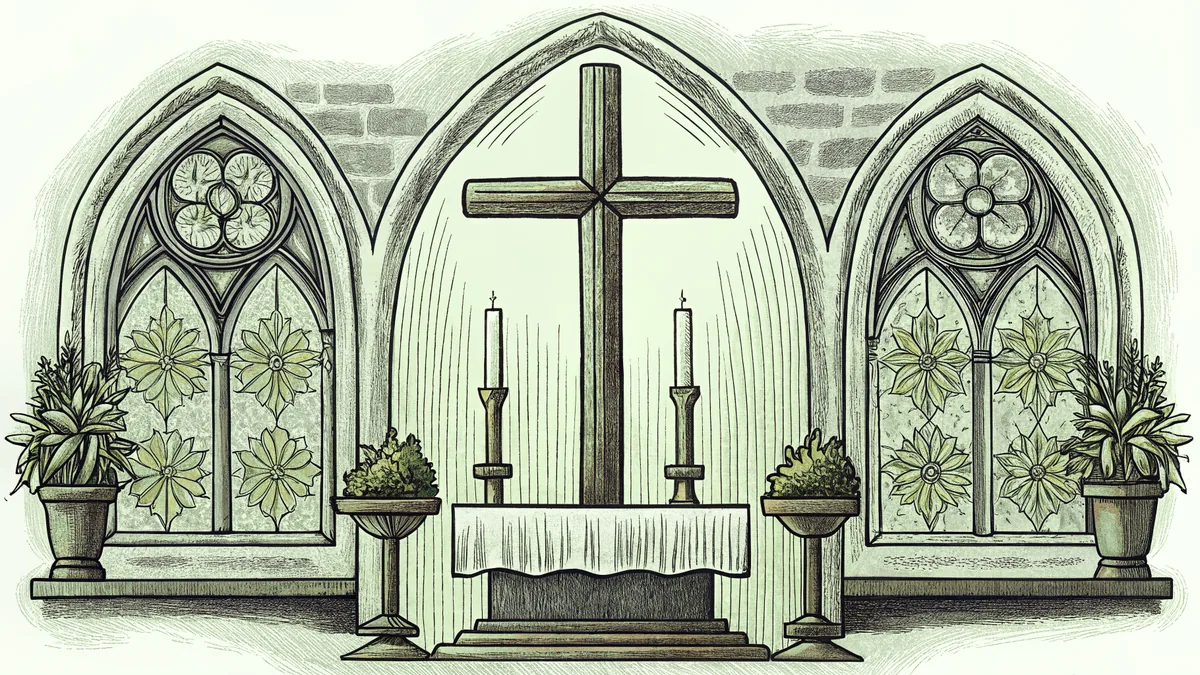 A wooden cross stands in a church window casting shadows on stone walls.