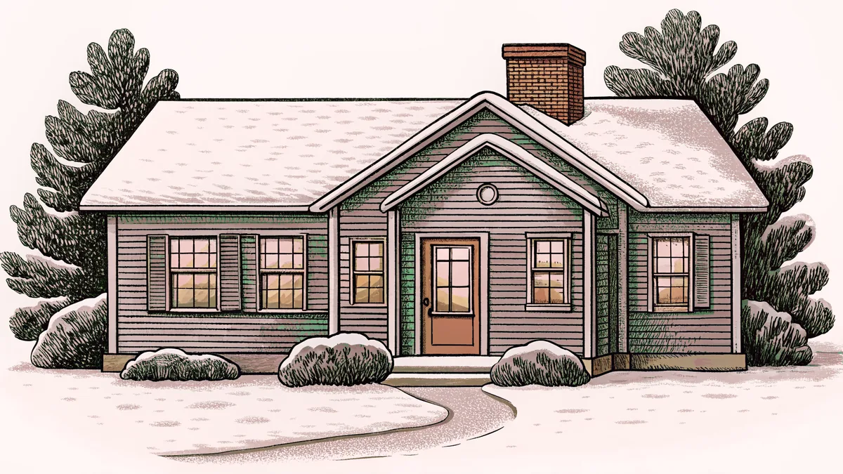 Packed luggage sits beside a glowing doorbell on a snow-covered porch at night.