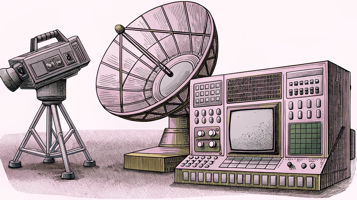 A satellite dish and studio camera rest beside a control-room console in a studio.