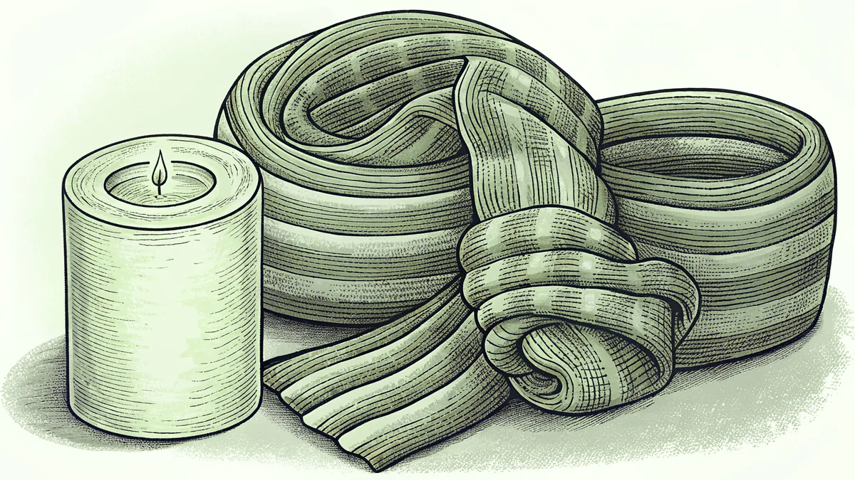 A lit pillar candle beside knitted scarf material, coiled into a ring and tied in a knot.