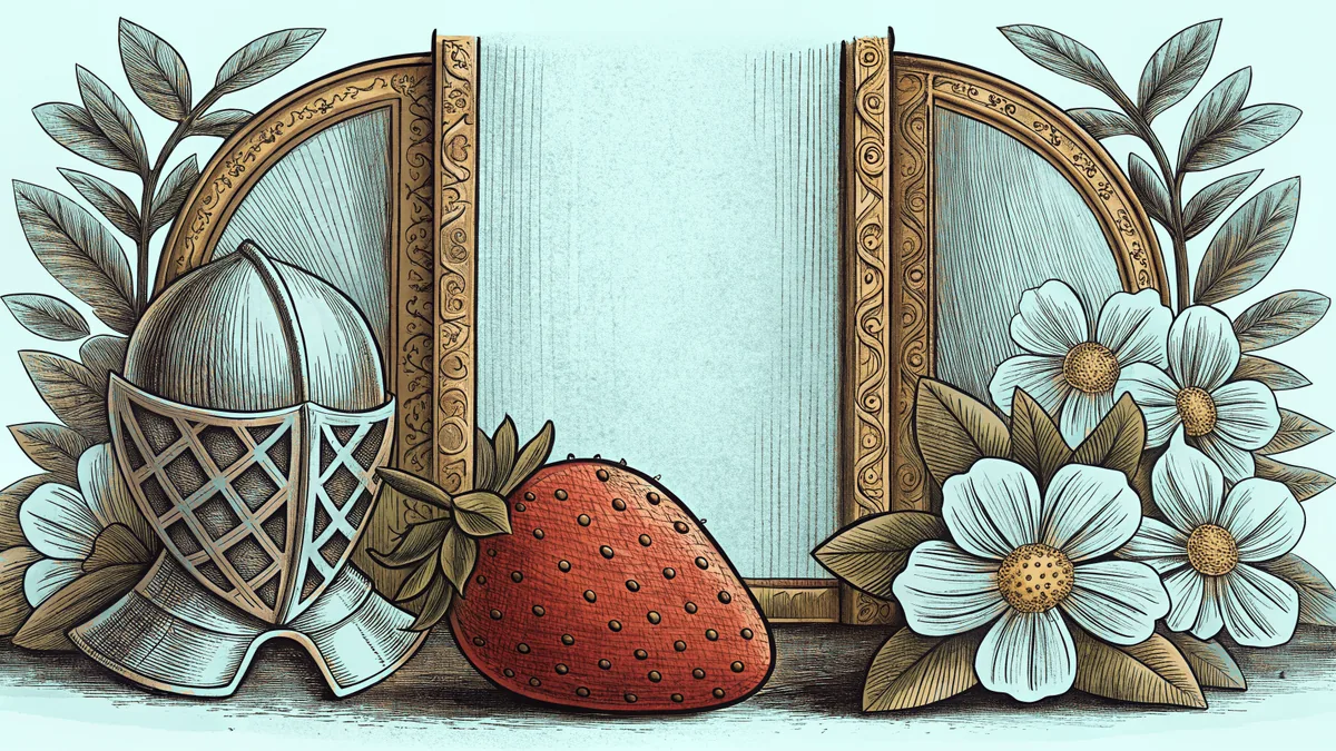 A ripe berry and a flower rest beside a suit of armor and a stack of blank envelopes.