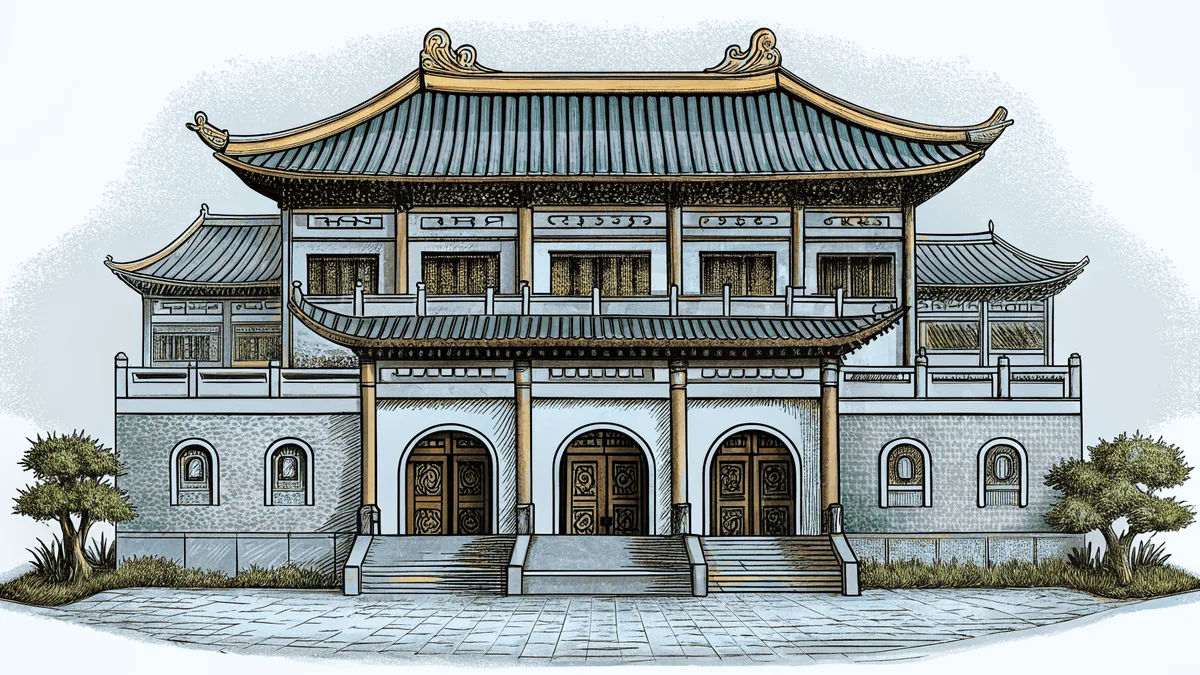 An ancient temple stands above Hong Kong's glittering harbor filled with boats and neon signs