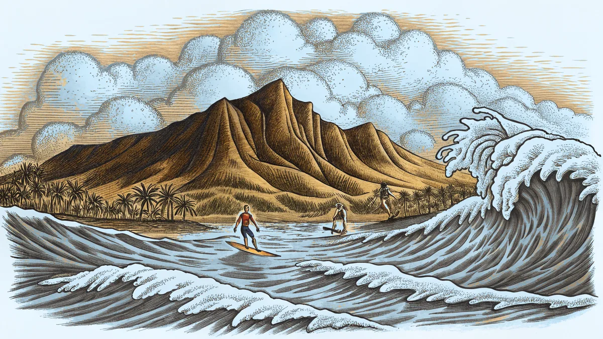 Surfers paddle at Waikiki Beach with Diamond Head mountain towering above.
