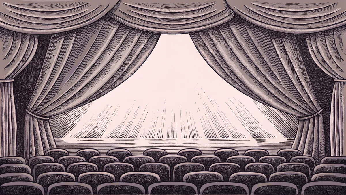 Dramatic theatrical spotlights create long shadows across vintage cinema seats and folded velvet stage drapes.
