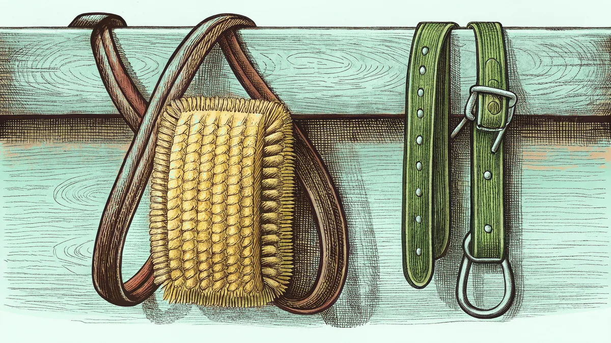 A leather bridle, a round curry comb and a second set of buckled straps hanging from a wooden stable rail.