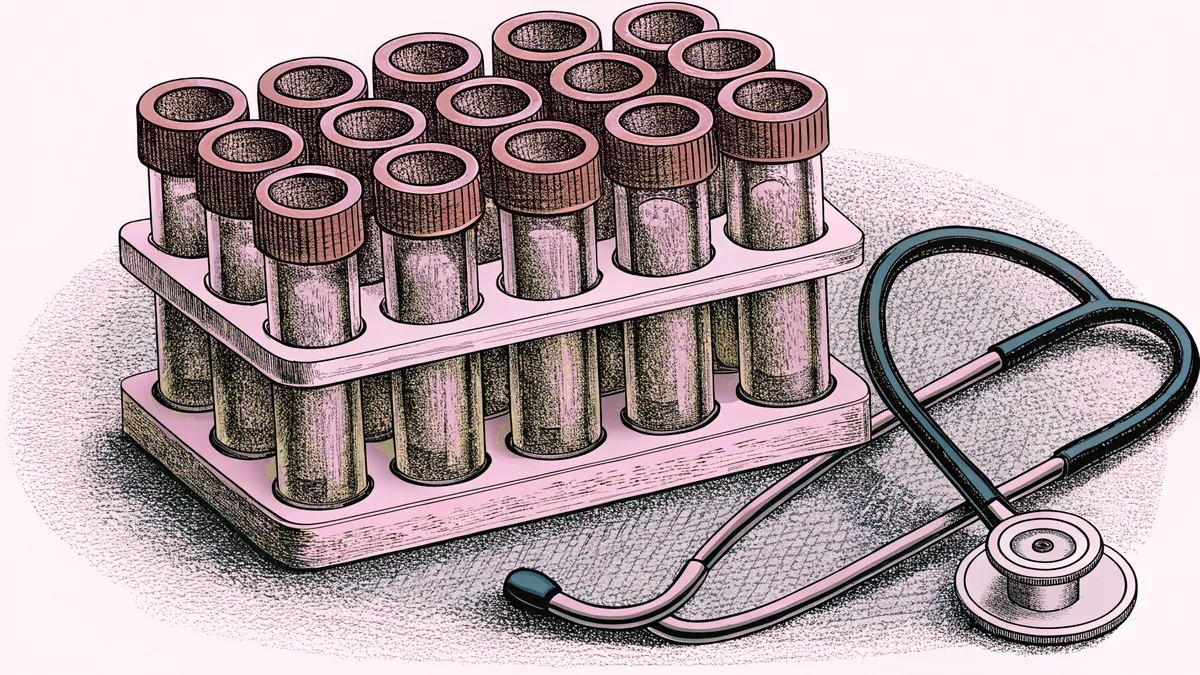 Laboratory glassware and a stethoscope are arranged on a medical workbench.