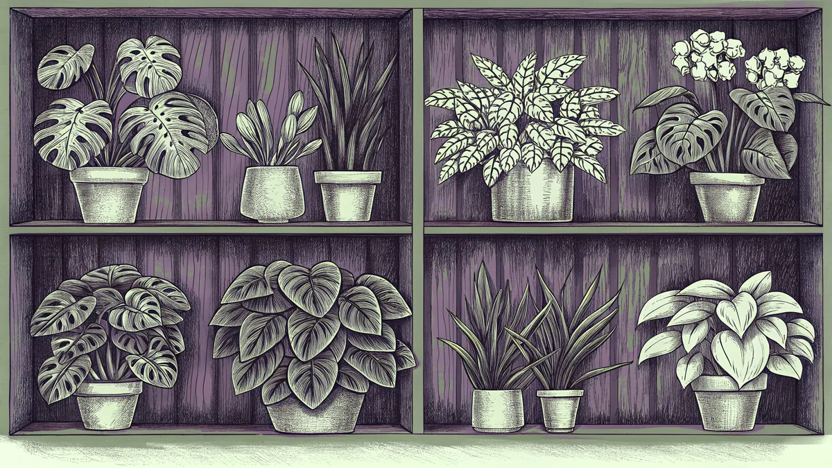 Potted houseplants including leafy monstera, upright snake plant, and cascading pothos on shelves.