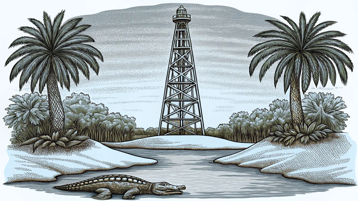 A murky bayou landscape with an oil pump and tropical vegetation.