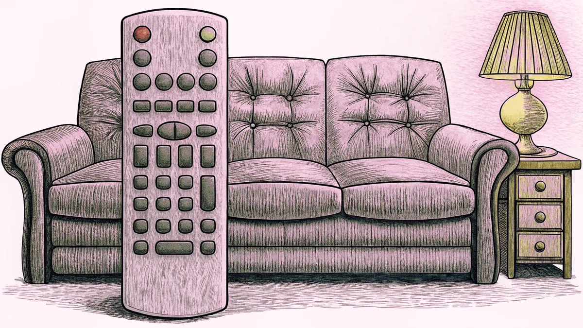 A remote control rests on a sofa beside a side table with a lamp in a living room.