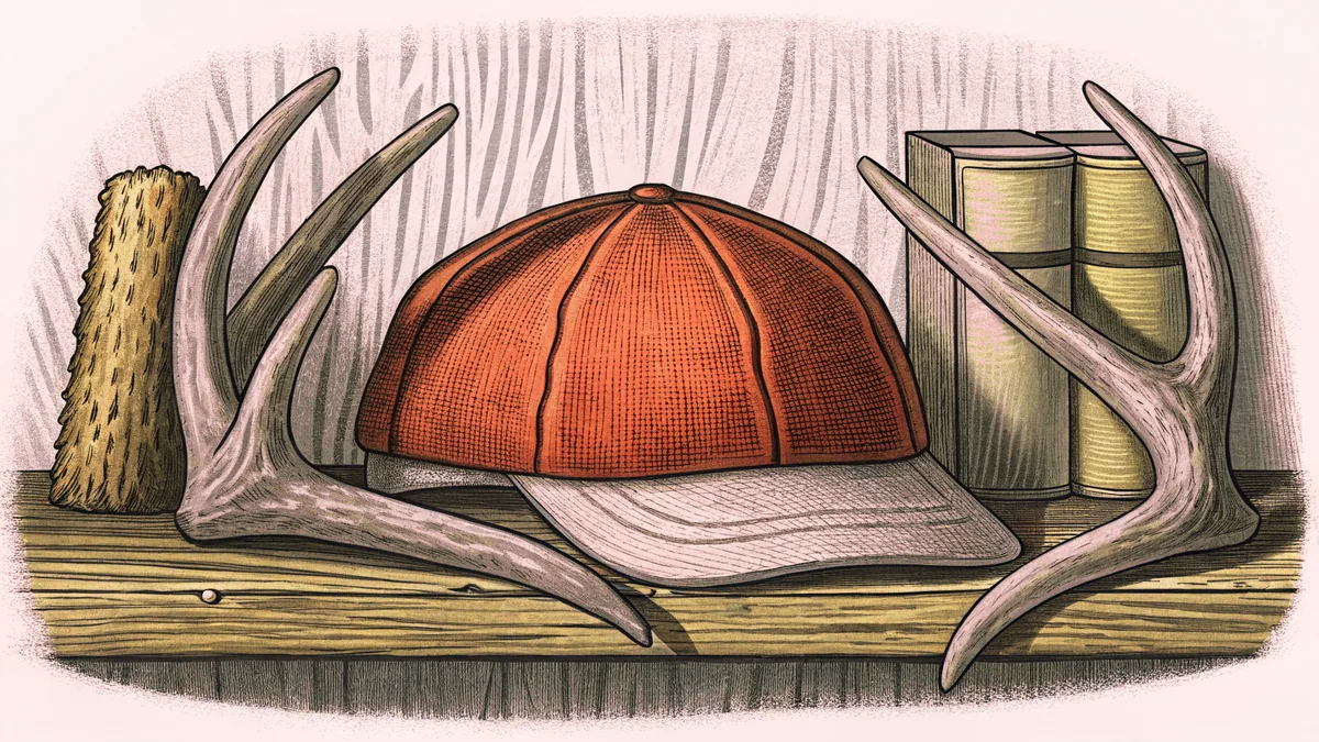 Two antler racks and a brimmed canvas cap, with rolled canvas alongside.