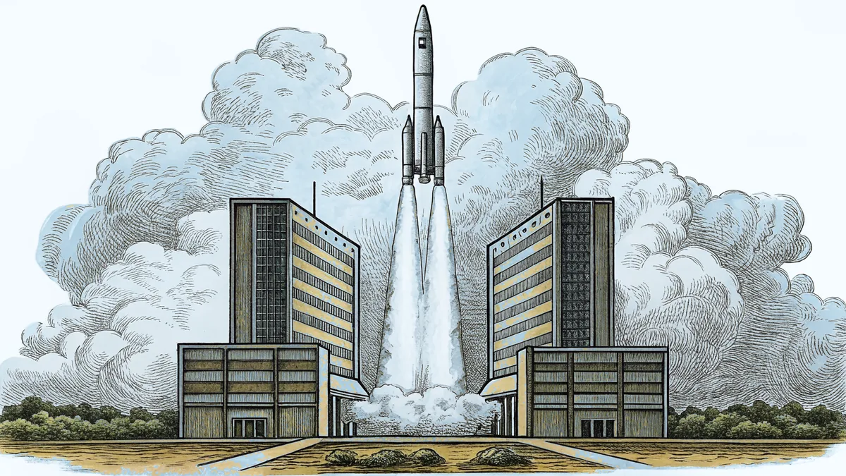 A rocket blasts off into the sky from a modern aerospace launch facility