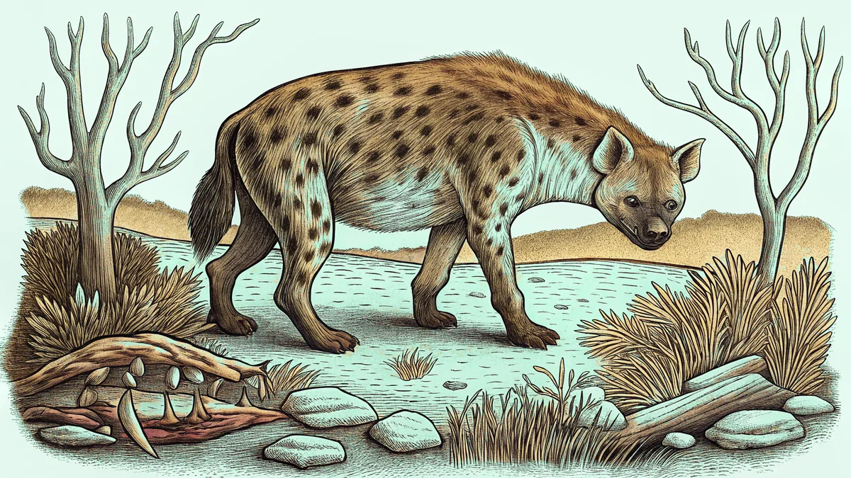 A spotted hyena prowls beside scattered bones under a moonlit African savanna sky.
