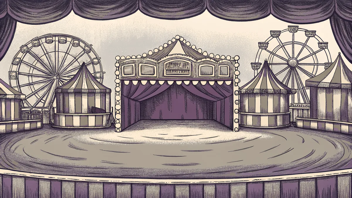 A bright carnival with go-carts, amusement park rides, and an ice cream vendor.