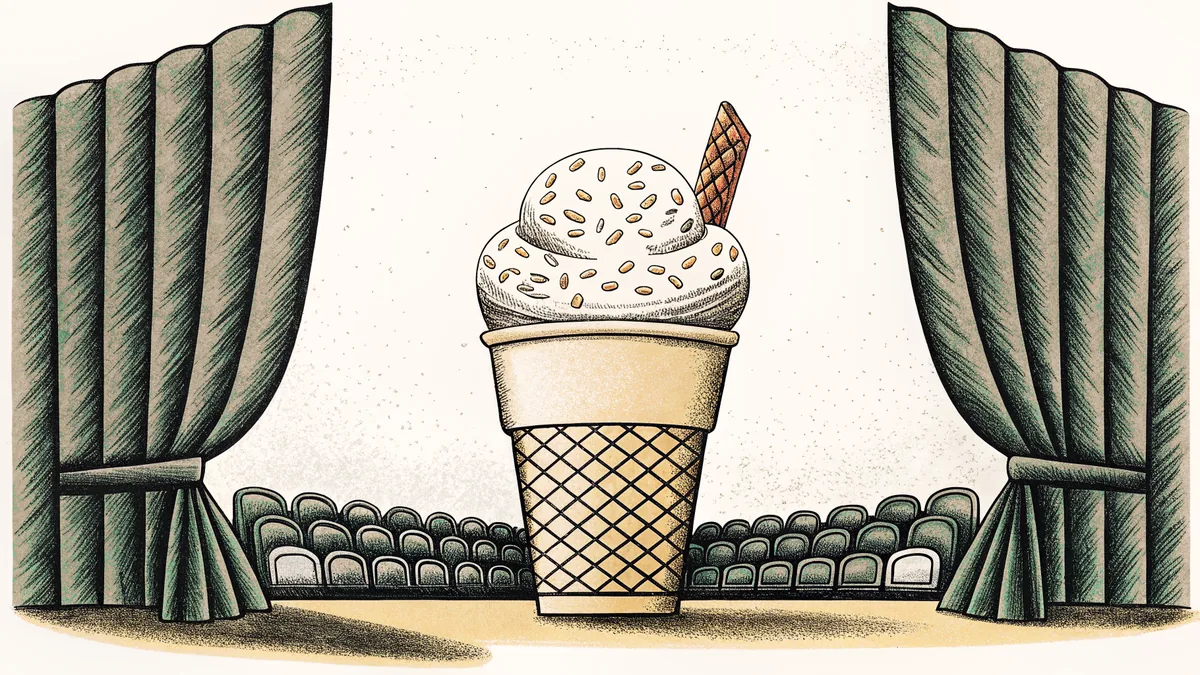 Ice cream cone topped with sprinkles next to a scoop and wafer