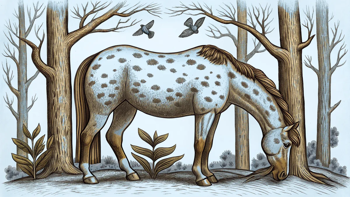 An Appaloosa horse under towering white pine trees with singing bluebirds.