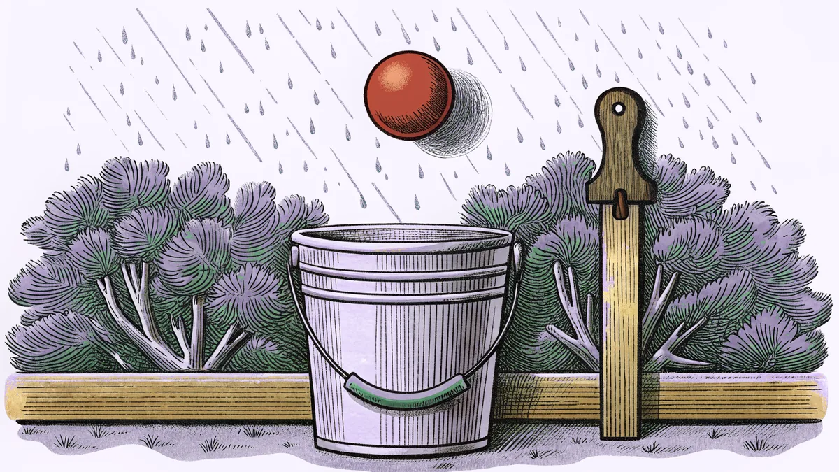 A bucket and a coat hook sit beside a red ball bouncing in falling rain.