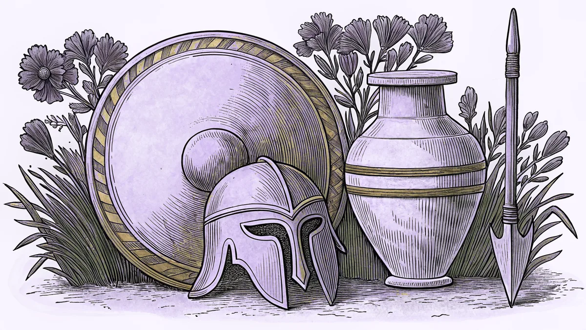 A bronze helmet, round shield and spear leaning against an amphora.