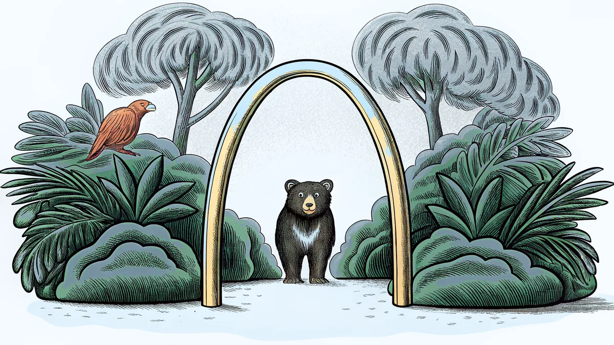 A bear cub beside a cardinal bird at a golden arches restaurant.