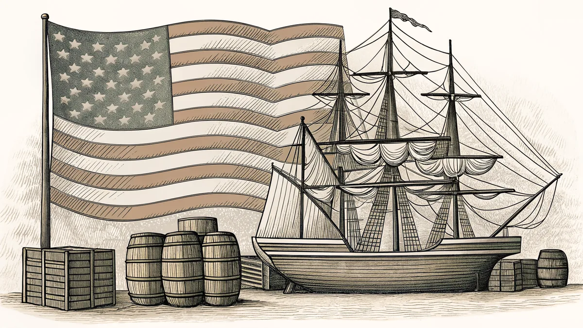 A tall sailing ship is anchored beside stacked crates near a flag on a colonial dock.