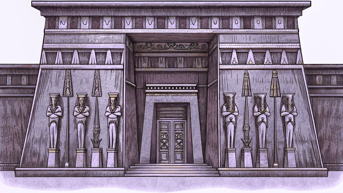 Ancient Egyptian temple wall decorated with intricate hieroglyphics and golden deity statues.
