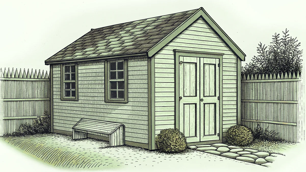 Standing beside a wooden bench, a garden shed frames a peaceful setting
