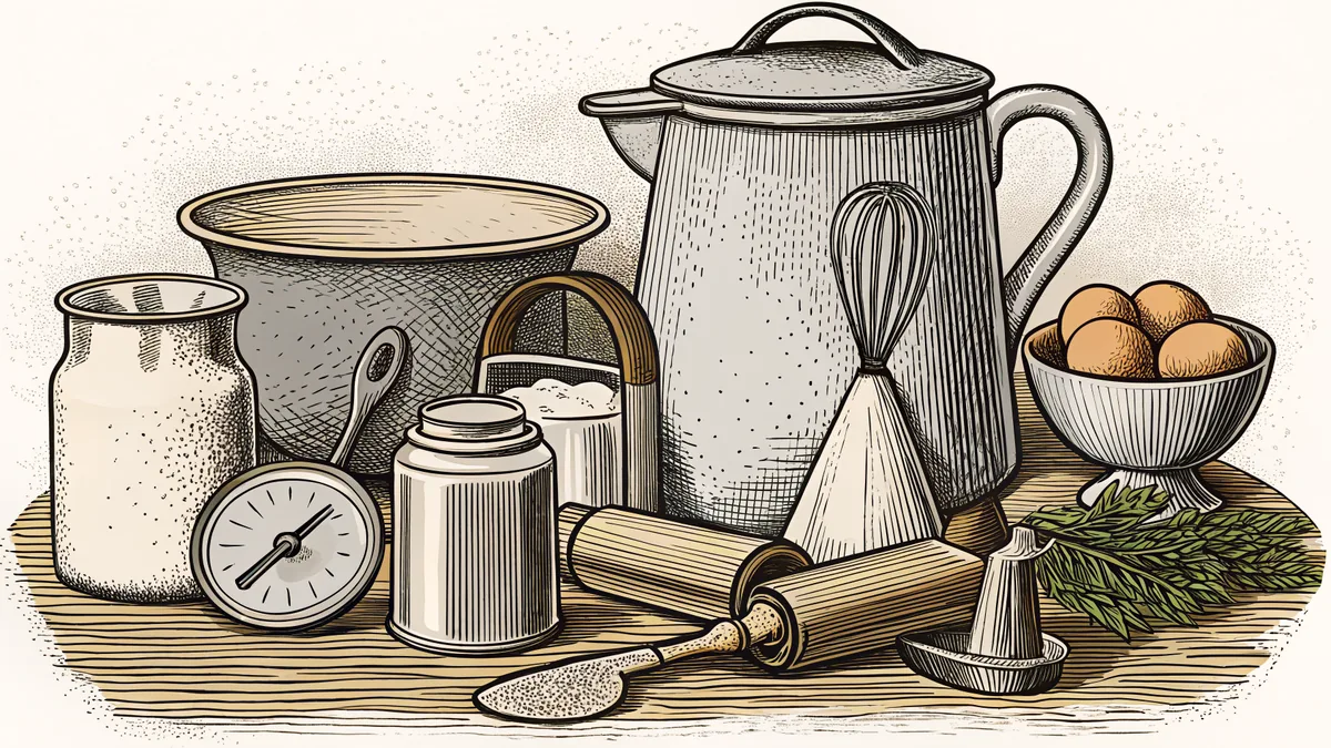 Kitchen tools arranged on counter: kettle, whisk, grater, timer.
