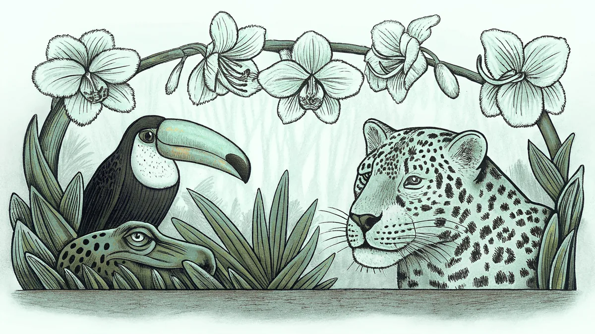 Rainforest scene with toucan, vines, orchids, jaguar, and frog.
