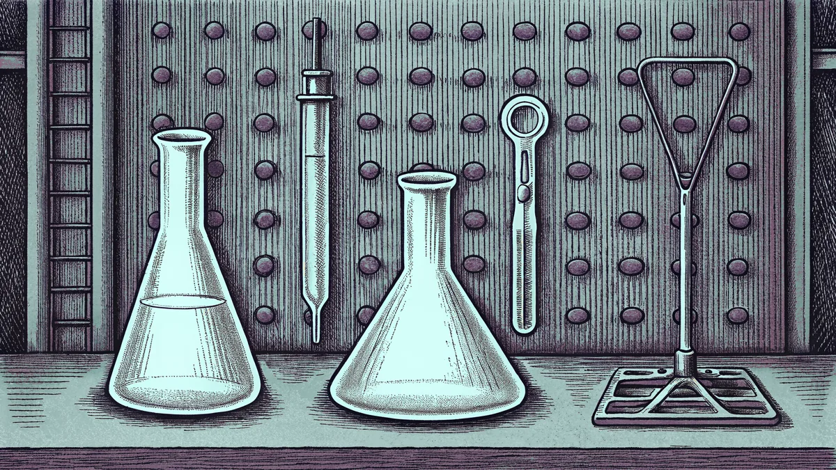 Science equipment—beaker, funnel, and tongs—sits arranged on a metal workbench.