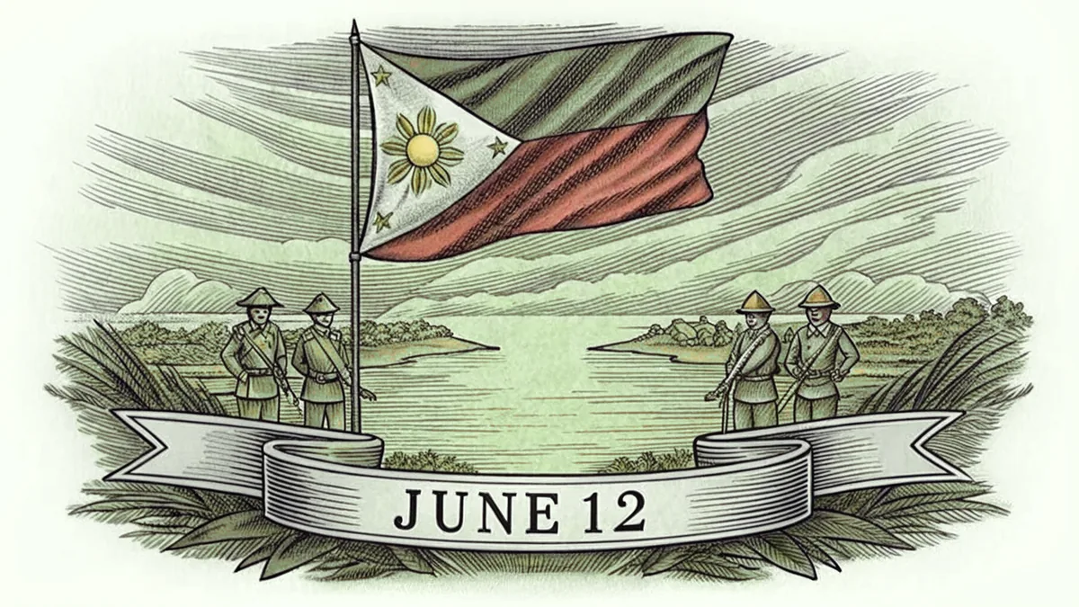 The Philippine flag waving proudly over a harbor with scenes of revolutionary heroes and history.