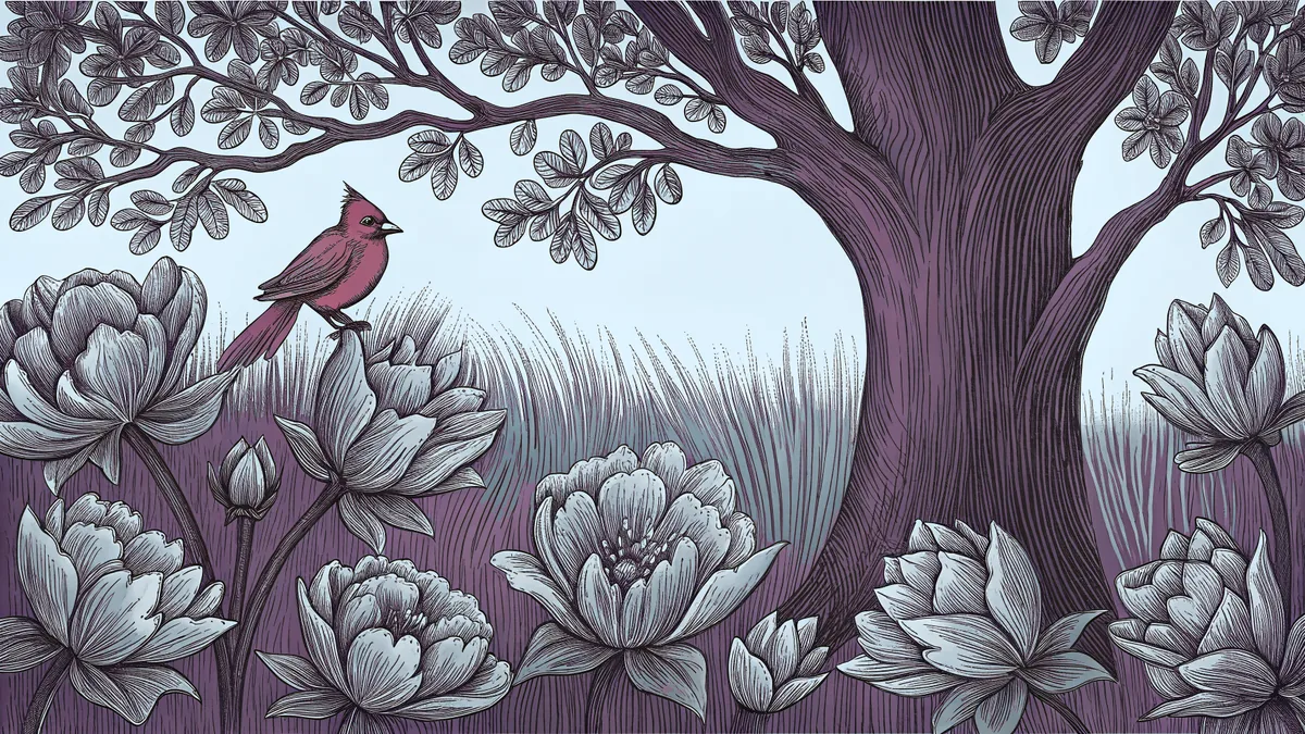 A cardinal bird resting on a branch among pink peonies.