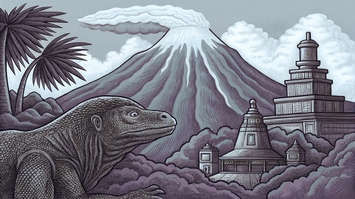 A Komodo dragon prowls volcanic terrain beneath towering Mount Bromo
